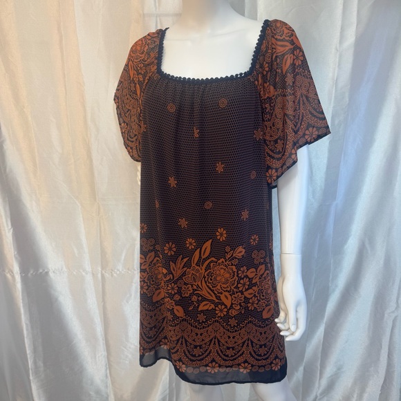 Millibon Navy Blue Orange Boho Puff Sleeve Embellished Tunic Smock Mini Dress - Picture 1 of 10